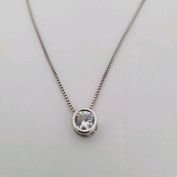 925 Sterling Silver Necklace Pendant - Bezel Single Zirconia Boxy Chain 17" - Picture 1 of 8